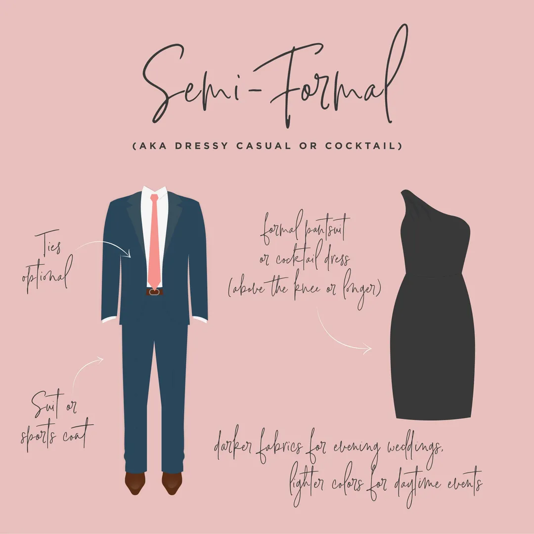 Semi-formal dress-code guide: a suit or sport coat with an optional tie, and a formal pantsuit or cocktail dress.