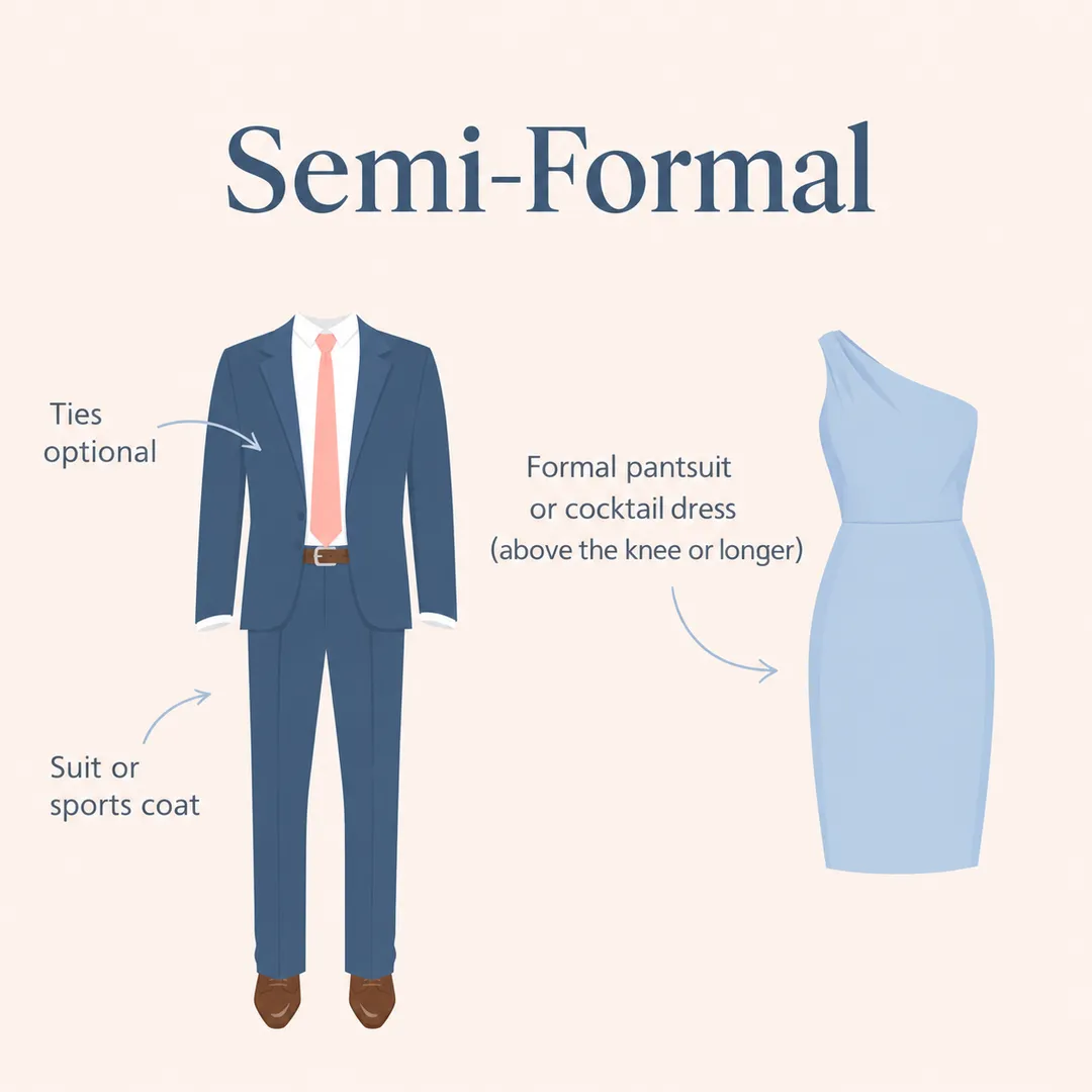 Semi-formal dress-code guide: a suit or sport coat with an optional tie, and a formal pantsuit or cocktail dress.